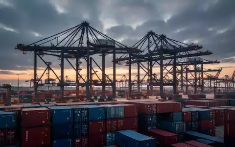 Moderne Containerbrücken und gestapelte Schiffscontainer in einem deutschen Seehafen bei Dämmerung. - Foto: über boerse-global.de