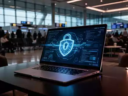 Ein Laptop in einer belebten Flughafen-Lounge, symbolisiert die Risiken öffentlicher WLAN-Netzwerke für Geschäftsreisende. - Foto: über boerse-global.de