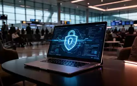 Ein Laptop in einer belebten Flughafen-Lounge, symbolisiert die Risiken öffentlicher WLAN-Netzwerke für Geschäftsreisende. - Foto: über boerse-global.de