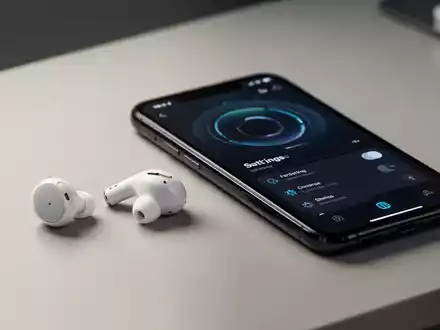 Weiße kabellose Ohrhörer neben einem Smartphone mit Einstellungen, das die Apple-Geräteverbindung darstellt. - Foto: über boerse-global.de