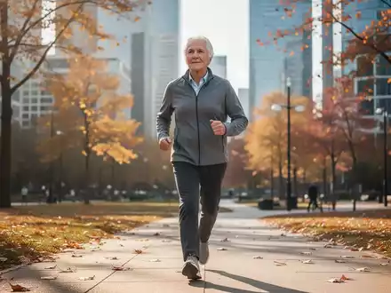 Eine ältere Person geht zügig und aktiv durch einen sonnigen Park, um die kognitive Gesundheit zu fördern. - Foto: über boerse-global.de