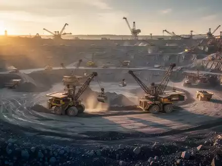 Moderne Tagebau-Mine bei Sonnenuntergang mit schwerem Gerät in einer weitläufigen Industrielandschaft. - Foto: über boerse-global.de