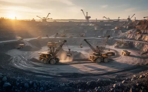 Moderne Tagebau-Mine bei Sonnenuntergang mit schwerem Gerät in einer weitläufigen Industrielandschaft. - Foto: über boerse-global.de