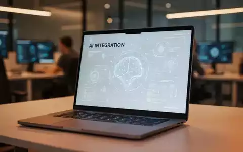 Moderner Laptop-Bildschirm mit abstrakten KI-Interface-Elementen in einem professionellen Arbeitsbereich. - Foto: über boerse-global.de