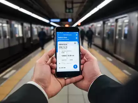 Eine Person hält ein iPhone mit digitalem Fahrschein in einem modernen Bahnhof. - Foto: über boerse-global.de