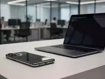 Moderner BĂŒroarbeitsplatz mit Smartphone und Laptop vor einem unscharfen Hintergrund. - Foto: ĂŒber boerse-global.de