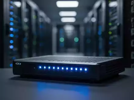 Moderner Netzwerk-Router mit blau leuchtenden Status-LEDs in einem abgedunkelten Serverraum. - Foto: über boerse-global.de