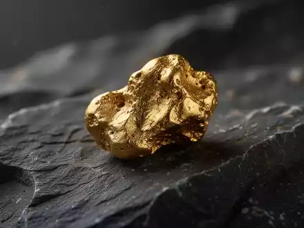 Ein roher Goldnugget auf einem dunklen, geologischen Gesteinshintergrund. - Foto: über boerse-global.de