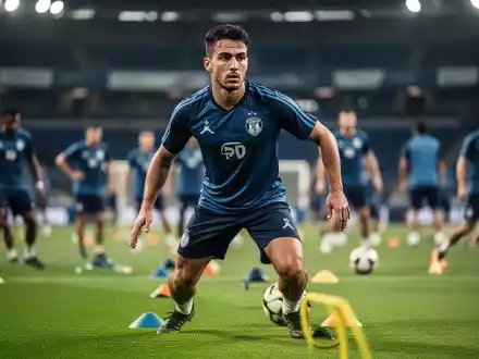 Ein konzentrierter Profifußballer während einer intensiven Trainingseinheit auf einem Fußballplatz. - Foto: über boerse-global.de