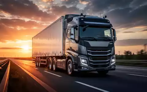 Ein moderner Lkw fährt bei Sonnenuntergang auf einer Autobahn, symbolisch für den Güterverkehr bei Niedrigwasser. - Foto: über boerse-global.de