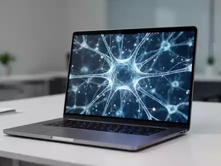 Leuchtende digitale neuronale Netzwerk-Visualisierung auf einem Laptop-Bildschirm, die fortschrittliche künstliche Intelligenz darstellt. - Foto: über boerse-global.de