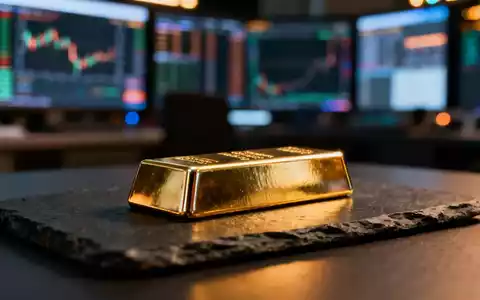 Ein glänzender Goldbarren auf einer dunklen Schieferplatte vor einem verschwommenen Hintergrund. - Foto: über boerse-global.de