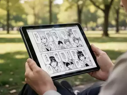 Eine Person liest entspannt digitale Manga-Inhalte auf einem Tablet in einer ruhigen Parkumgebung. - Foto: über boerse-global.de