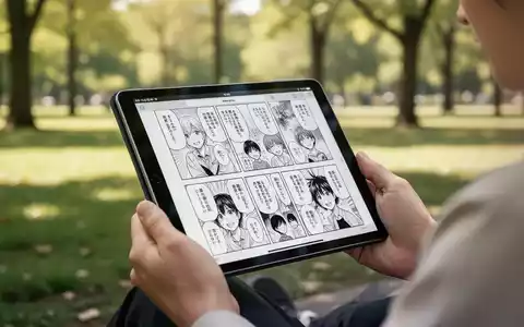 Eine Person liest entspannt digitale Manga-Inhalte auf einem Tablet in einer ruhigen Parkumgebung. - Foto: über boerse-global.de