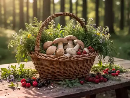 Ein Korb mit frisch gesammelten Wildkräutern und Pilzen auf einem Holztisch in einem Wald. - Foto: über boerse-global.de