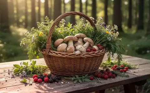 Ein Korb mit frisch gesammelten Wildkräutern und Pilzen auf einem Holztisch in einem Wald. - Foto: über boerse-global.de