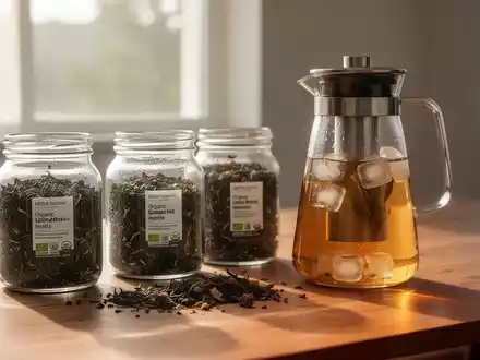 Hochwertiger loser Bio-Tee in Gläsern neben einer Glaskaraffe mit Cold Brew Tee und Eiswürfeln auf einem Holztisch. - Foto: über boerse-global.de