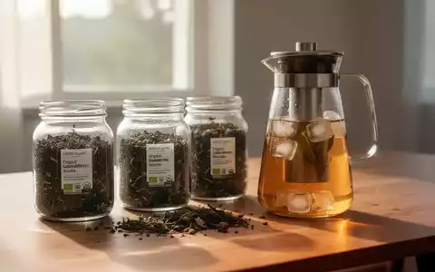 Hochwertiger loser Bio-Tee in Gläsern neben einer Glaskaraffe mit Cold Brew Tee und Eiswürfeln auf einem Holztisch. - Foto: über boerse-global.de