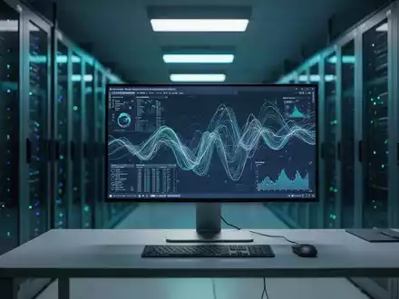 Ein moderner Serverraum mit blauem Licht und einer Workstation, die Daten zur IT-Sicherheit darstellt. - Foto: über boerse-global.de