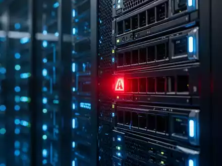 Dunkler Serverraum mit blau leuchtenden Serverracks und einer blinkenden roten Warnleuchte, die einen Sicherheitsvorfall anzeigt. - Foto: über boerse-global.de