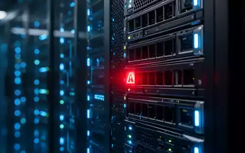 Dunkler Serverraum mit blau leuchtenden Serverracks und einer blinkenden roten Warnleuchte, die einen Sicherheitsvorfall anzeigt. - Foto: über boerse-global.de