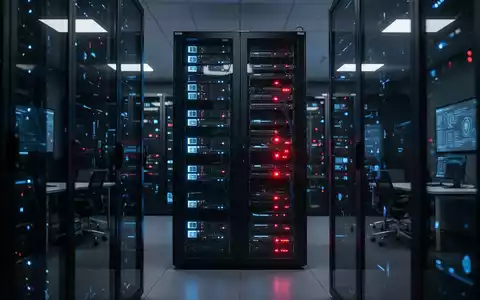 Leuchtende Serverreihen in einem dunklen Rechenzentrum, Symbol für Cybersicherheits-Infrastruktur und digitale Bedrohungsabwehr. - Foto: über boerse-global.de