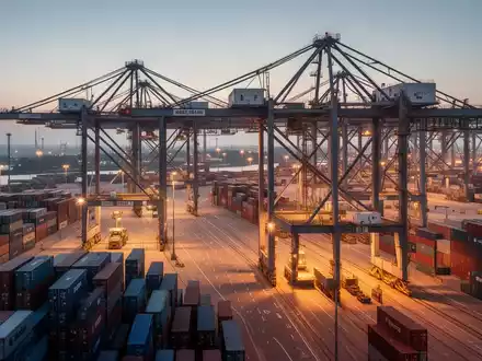 Moderne Containerkräne und gestapelte Schiffscontainer in einem deutschen Seehafen bei Sonnenuntergang. - Foto: über boerse-global.de