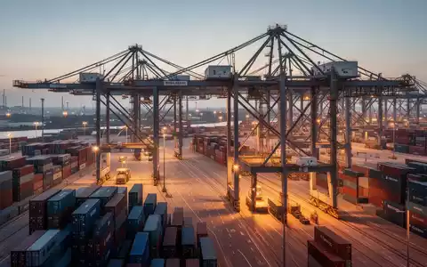 Moderne Containerkräne und gestapelte Schiffscontainer in einem deutschen Seehafen bei Sonnenuntergang. - Foto: über boerse-global.de
