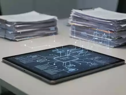 Digitales Tablet mit abstrakten Rechtsdokumenten und Datenströmen vor einem Stapel Papierakten in einem modernen Büro. - Foto: über boerse-global.de