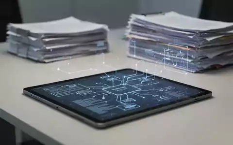 Digitales Tablet mit abstrakten Rechtsdokumenten und Datenströmen vor einem Stapel Papierakten in einem modernen Büro. - Foto: über boerse-global.de