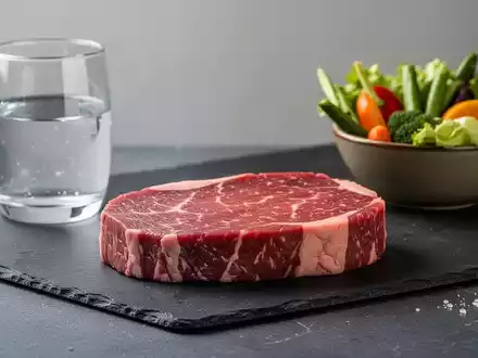 Ein rohes Stück Rindfleisch auf einer dunklen Schieferplatte neben frischem Gemüse als Symbol für Ernährung und Gesundheit. - Foto: über boerse-global.de