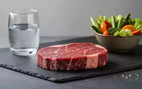 Ein rohes Stück Rindfleisch auf einer dunklen Schieferplatte neben frischem Gemüse als Symbol für Ernährung und Gesundheit. - Foto: über boerse-global.de