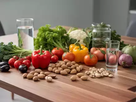 Eine Auswahl an frischem Gemüse, Nüssen und Wasser als Symbol für gesunde Ernährung in verschiedenen Lebensphasen. - Foto: über boerse-global.de