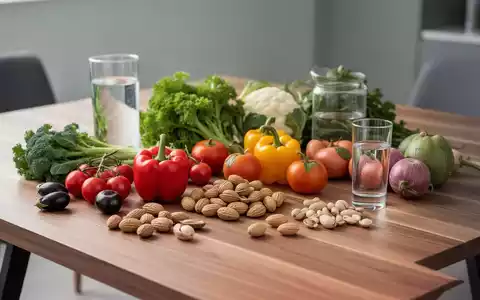 Eine Auswahl an frischem Gemüse, Nüssen und Wasser als Symbol für gesunde Ernährung in verschiedenen Lebensphasen. - Foto: über boerse-global.de