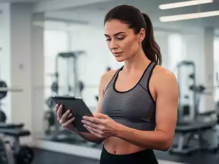 Eine Frau in Sportkleidung betrachtet ein Tablet in einem modernen Fitnessstudio, während sie zyklusbasiertes Training prüft. - Foto: über boerse-global.de