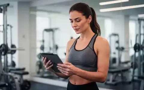 Eine Frau in Sportkleidung betrachtet ein Tablet in einem modernen Fitnessstudio, während sie zyklusbasiertes Training prüft. - Foto: über boerse-global.de