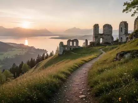 Ein malerischer Wanderweg mit Blick auf den Bodensee und eine historische Burgruine in der Ferne bei Sonnenuntergang. - Foto: über boerse-global.de
