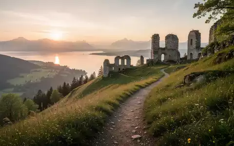 Ein malerischer Wanderweg mit Blick auf den Bodensee und eine historische Burgruine in der Ferne bei Sonnenuntergang. - Foto: über boerse-global.de
