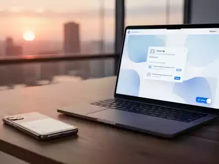 Ein moderner Arbeitsplatz mit Laptop und Smartphone bei Sonnenuntergang, der die Organisation von E-Mails symbolisiert. - Foto: ĂĽber boerse-global.de