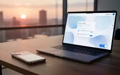 Ein moderner Arbeitsplatz mit Laptop und Smartphone bei Sonnenuntergang, der die Organisation von E-Mails symbolisiert. - Foto: über boerse-global.de