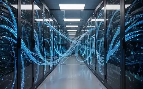 Moderne Serverräume mit leuchtenden Glasfaserkabeln und abstrakten Datenvisualisierungen für KI-Technologie. - Foto: über boerse-global.de