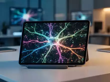 Ein Tablet mit Visualisierungen neuronaler Netzwerke auf einem modernen Schreibtisch. - Foto: über boerse-global.de