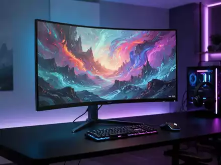 Schlanker gebogener Gaming-Monitor auf dunklem Schreibtisch mit LED-Ambientebeleuchtung in modernem Homeoffice. - Foto: über boerse-global.de