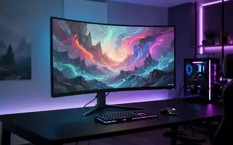 Schlanker gebogener Gaming-Monitor auf dunklem Schreibtisch mit LED-Ambientebeleuchtung in modernem Homeoffice. - Foto: über boerse-global.de