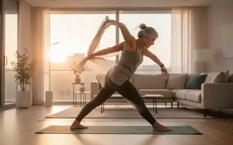 Eine Person mittleren Alters führt morgens Dehnübungen in einem hellen, modern eingerichteten Wohnzimmer aus. - Foto: über boerse-global.de