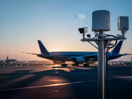 Überwachungssensoren und Radartechnik an einem Flughafen bei Dämmerung zur Sicherung kritischer Infrastruktur. - Foto: über boerse-global.de