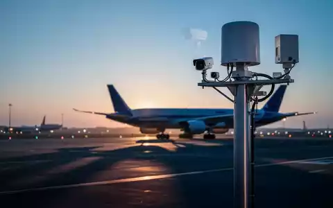 Überwachungssensoren und Radartechnik an einem Flughafen bei Dämmerung zur Sicherung kritischer Infrastruktur. - Foto: über boerse-global.de