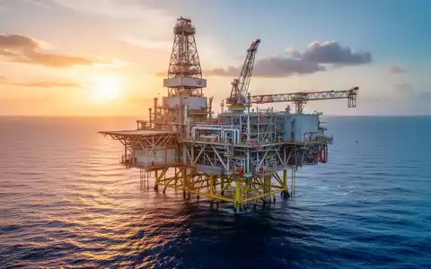Moderne Offshore-Ölplattform bei Sonnenaufgang über dem Ozean als Symbol für den Energiesektor. - Foto: über boerse-global.de