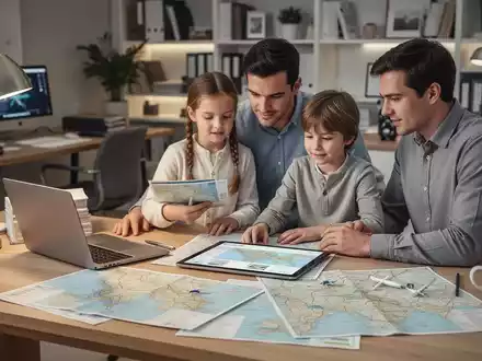 Eine Familie plant gemeinsam an einem Schreibtisch mit Laptop und Reiseunterlagen ihren nächsten Urlaub. - Foto: über boerse-global.de