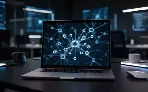 Ein moderner Laptop-Bildschirm mit einer abstrakten Darstellung neuronaler KI-Netzwerke in einer professionellen Arbeitsumgebung. - Foto: über boerse-global.de